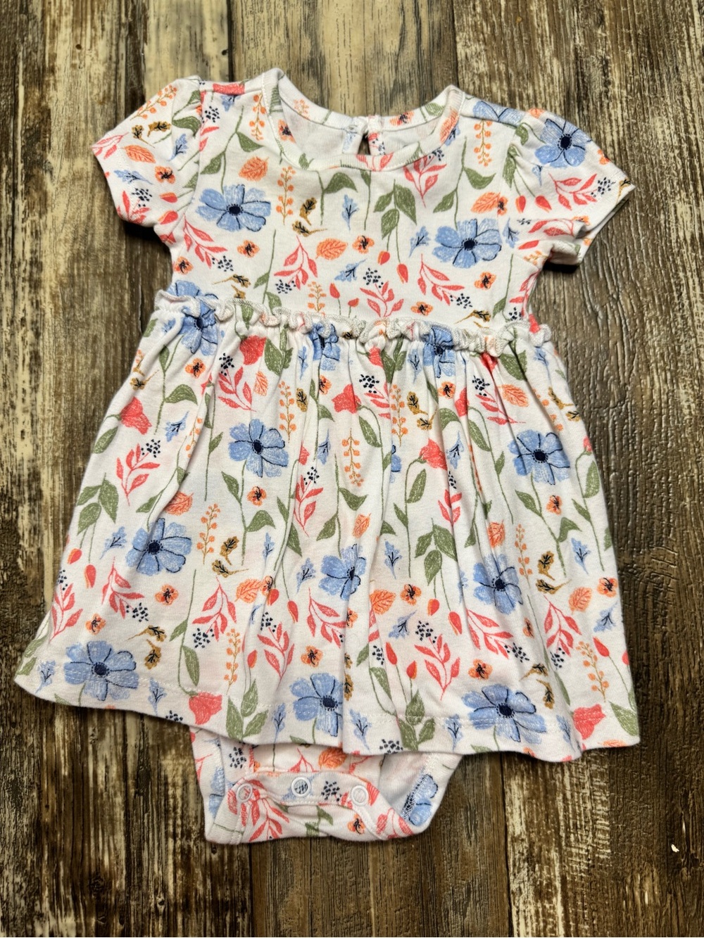 Carter's Floral Dress Onesie in White with Blue & Coral Flowers